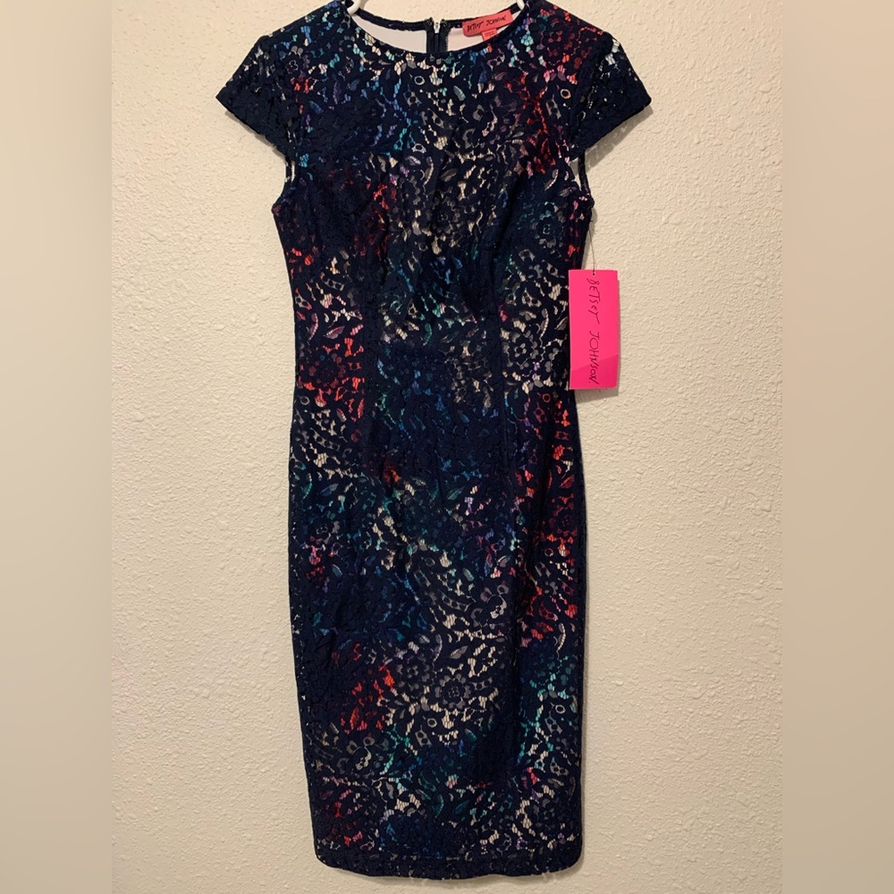 Betsy’s Johnson Navy Floral Lace Sheath Midi Dress - Size 0